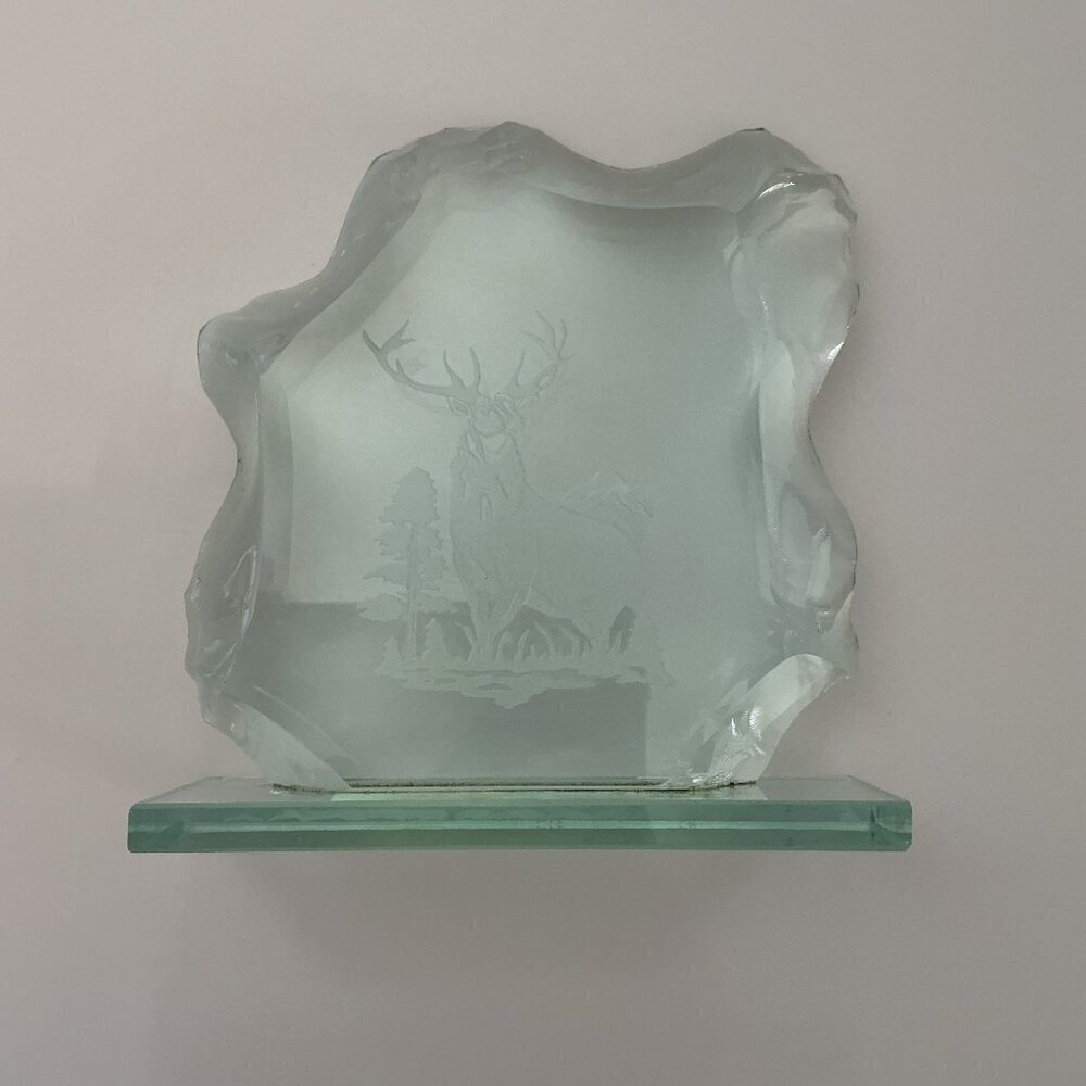 VINTAGE 1960S SWEDISH STYLE ART GLASS ICE BLOCK SCULPTURE – ETCHED STAG / DEER - Picture 13 of 14